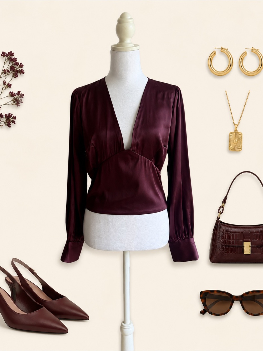 Abercrombie & Fitch Deep Plum Satin V-Neck Blouse